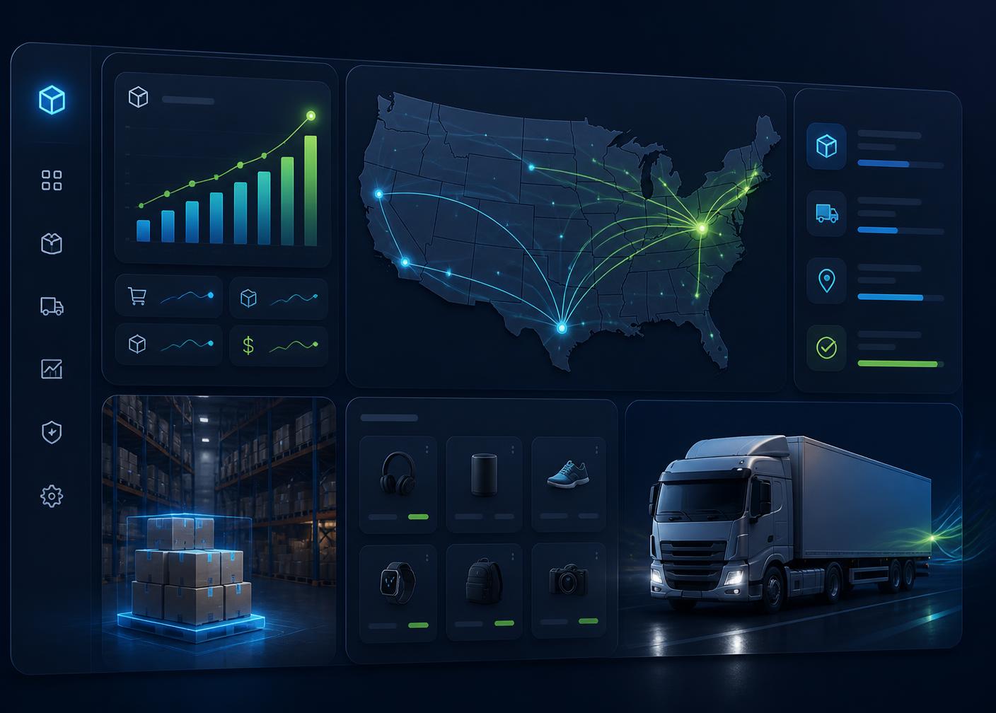 MasenePlug LK warehouse dashboard showing US shipping routes, live order analytics, and same-day fulfillment